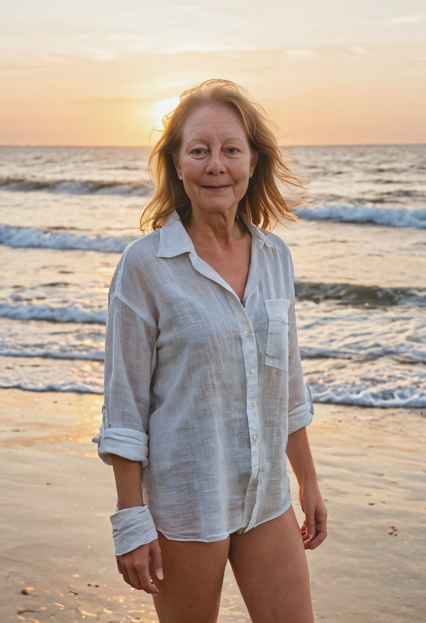 Woman in white linen shirt on the beach at sunset